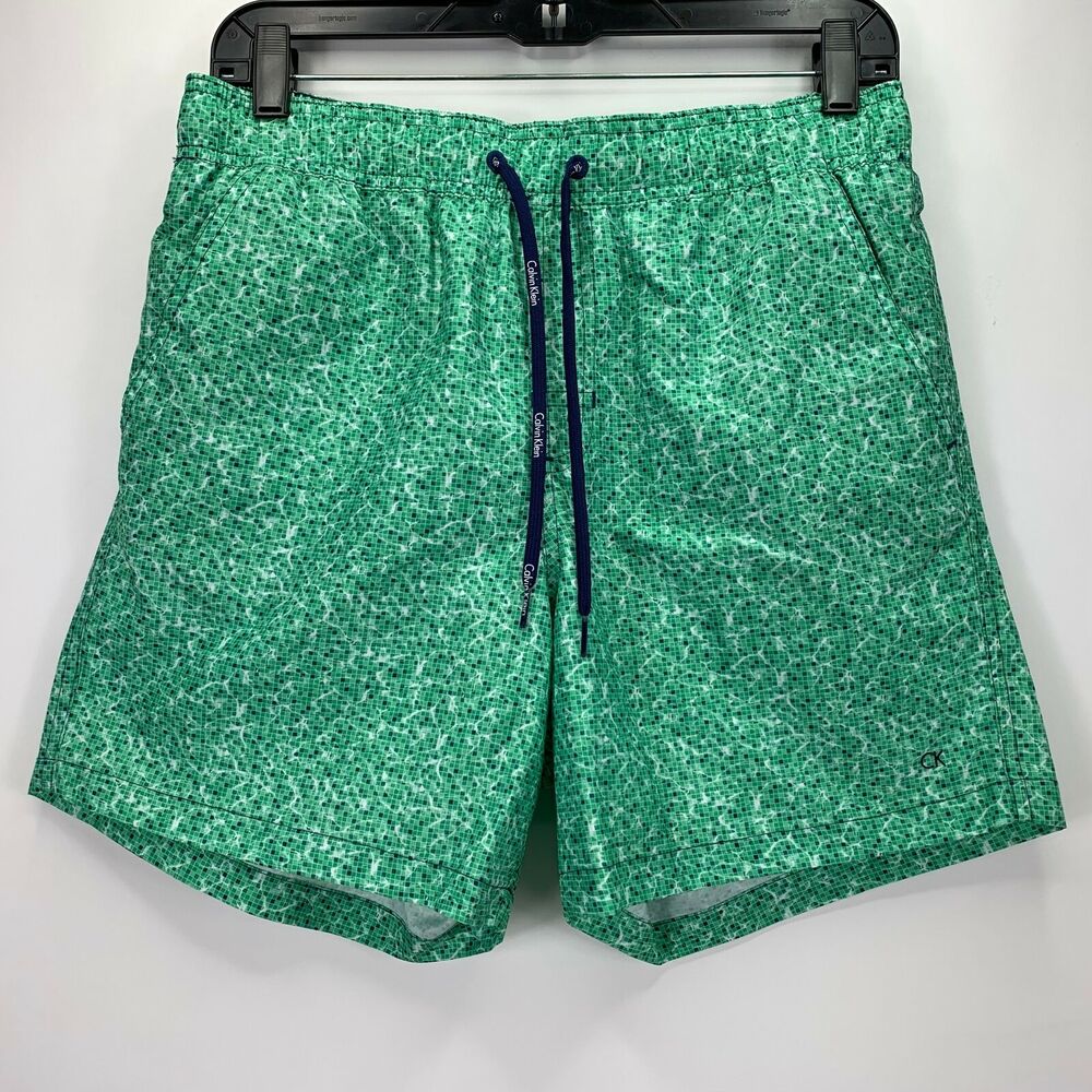 Calvin Klein Mens Printed Euro Length Drawstring Swim Trunks Green 2XL